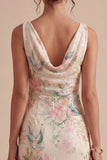 Robe midi à col de sirène à col à col à capuchon rose blanc avec fente