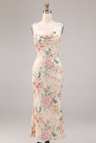 Robe midi à col de sirène à col à col à capuchon rose blanc avec fente