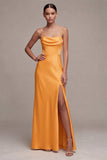 Robe Maxi à bretelles fines en satin jaune clair à bretelles de sirène avec fente