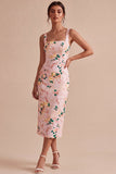 Robe midi fleurie rose rose à col carré avec fente Bodycon