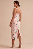 Robe midi fleurie rose rose à col carré avec fente Bodycon