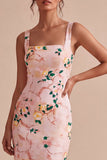 Robe midi fleurie rose rose à col carré avec fente Bodycon