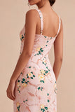 Robe midi fleurie rose rose à col carré avec fente Bodycon