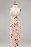 Robe midi fleurie rose rose à col carré avec fente Bodycon
