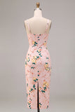 Robe midi fleurie rose rose à col carré avec fente Bodycon