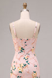 Robe midi fleurie rose rose à col carré avec fente Bodycon