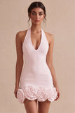 Robe blanche moulante à col nu, petite robe blanche sans dos avec des fleurs 3D