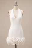 Robe blanche moulante à col nu, petite robe blanche sans dos avec des fleurs 3D