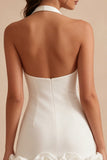 Robe blanche moulante à col nu, petite robe blanche sans dos avec des fleurs 3D