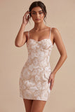Ivoire Bodycon Spaghetti Straps Mini Mini Robe Jacquard à fleurs