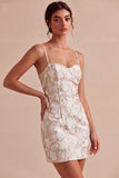 Ivoire Bodycon Spaghetti Straps Mini Mini Robe Jacquard à fleurs