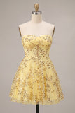 Robe de rentrée à la maison jaune A-line Strapless découpée à sequins