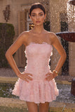 Robe courte de rentrée rose A-Line Strapless perlée perlée à perles