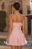 Robe courte de rentrée rose A-Line Strapless perlée perlée à perles