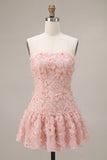 Robe courte de rentrée rose A-Line Strapless perlée perlée à perles