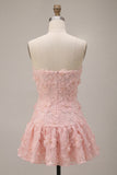 Robe courte de rentrée rose A-Line Strapless perlée perlée à perles