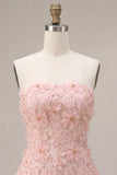 Robe courte de rentrée rose A-Line Strapless perlée perlée à perles