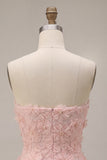 Robe courte de rentrée rose A-Line Strapless perlée perlée à perles