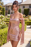 Robe de rentrée à la maison à paillettes bodycon, champagne scintillant dénudé sur les épaules