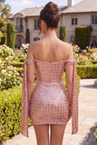 Robe de rentrée à la maison à paillettes bodycon, champagne scintillant dénudé sur les épaules