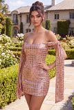 Robe de rentrée à la maison à paillettes bodycon, champagne scintillant dénudé sur les épaules