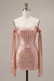 Robe de rentrée à la maison à paillettes bodycon, champagne scintillant dénudé sur les épaules