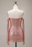 Robe de rentrée à la maison à paillettes bodycon, champagne scintillant dénudé sur les épaules