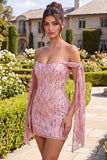 Robe de rentrée à la maison à paillettes bodycon, champagne scintillant dénudé sur les épaules