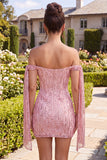 Robe de rentrée à la maison à paillettes bodycon, champagne scintillant dénudé sur les épaules