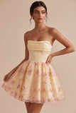 Robe de rentrée à la maison brodée fleuri, jaune clair, file-bretelle