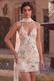 Robe de rentrée à la maison avec paillettes bodycon fleurs blanches roses scintillantes avec franges