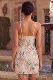 Robe de rentrée à la maison avec paillettes bodycon fleurs blanches roses scintillantes avec franges
