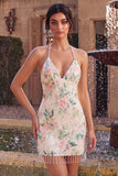Robe de rentrée à la maison avec paillettes bodycon fleurs blanches roses scintillantes avec franges