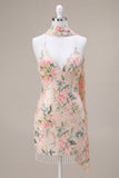Robe de rentrée à la maison avec paillettes bodycon fleurs blanches roses scintillantes avec franges