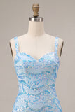 Robe de bal de rentrée à la maison avec des brides bleu ciel bleu ciel scintillante