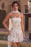 Robe de rentrée à la maison en forme de fleurs blanches rose scintillantes en ligne A-Line sans bretelles avec foulard