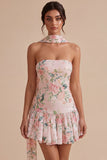 Robe de rentrée à la maison en forme de fleurs blanches rose scintillantes en ligne A-Line sans bretelles avec foulard