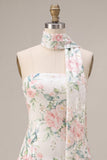 Robe de rentrée à la maison en forme de fleurs blanches rose scintillantes en ligne A-Line sans bretelles avec foulard