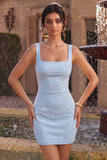 Robe bodycon bleu ciel à col carré avec perles