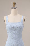 Robe bodycon bleu ciel à col carré avec perles