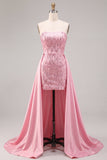 Robe de rentrée avec sequins bodycon rose sans bretelles avec ceinture