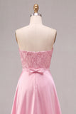 Robe de rentrée avec sequins bodycon rose sans bretelles avec ceinture