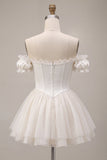 Corset ivoire à épaule décollée robe de balles en satin avec volants
