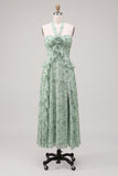 Robe midi fleur en chiffon à volants en mousseline A-Line Sauge et col nu, fente
