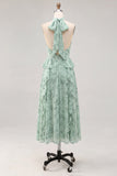 Robe midi fleur en chiffon à volants en mousseline A-Line Sauge et col nu, fente