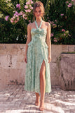 Robe midi fleur en chiffon à volants en mousseline A-Line Sauge et col nu, fente
