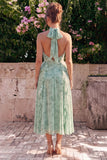 Robe midi fleur en chiffon à volants en mousseline A-Line Sauge et col nu, fente
