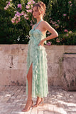 Robe midi fleur en chiffon à volants en mousseline A-Line Sauge et col nu, fente