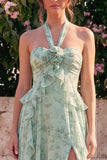Robe midi fleur en chiffon à volants en mousseline A-Line Sauge et col nu, fente