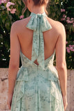 Robe midi fleur en chiffon à volants en mousseline A-Line Sauge et col nu, fente